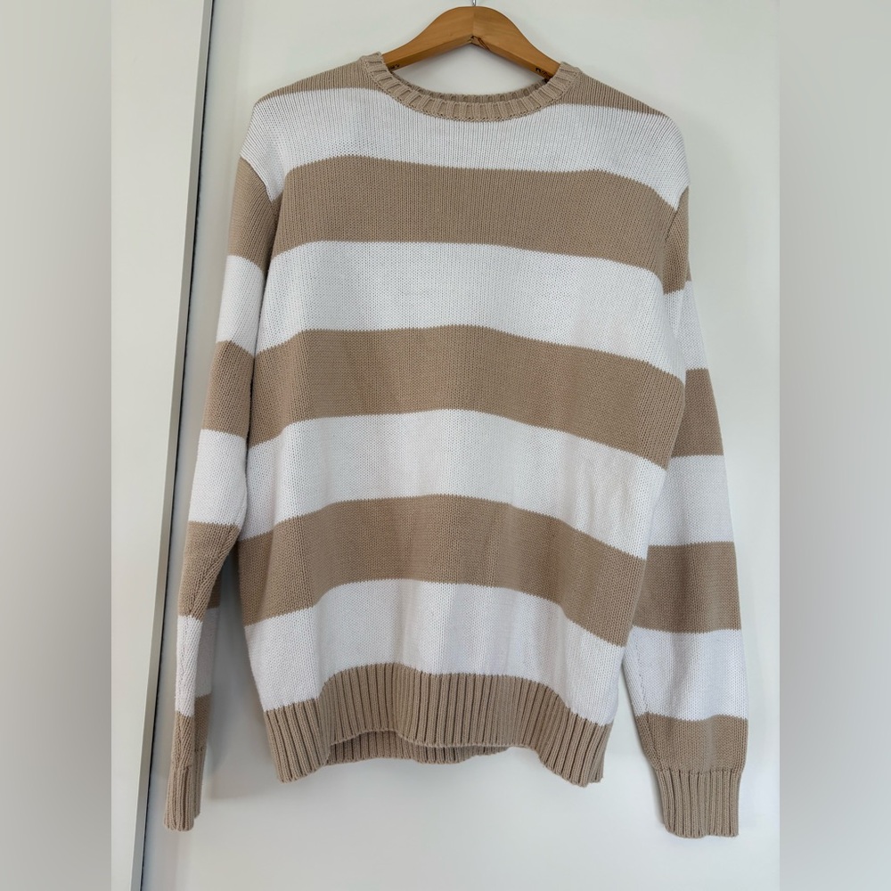 Brandy Melville Beige and White Striped Crewneck Sweater